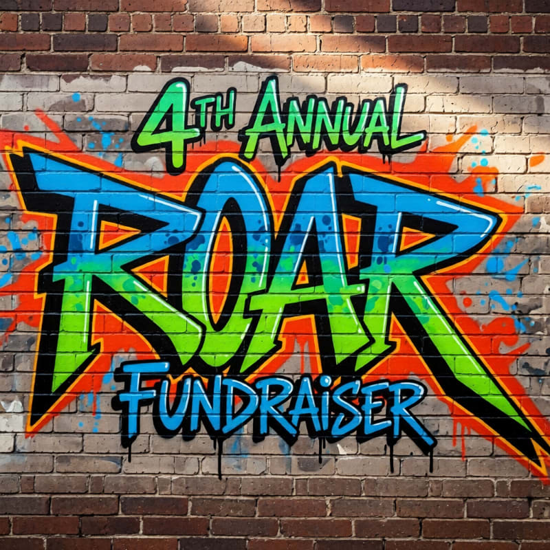 Graffiti art with "4th Annual ROAR Fundraiser" in vibrant colors covers a brick wall in the foreground, with the textured brickwork forming the background.