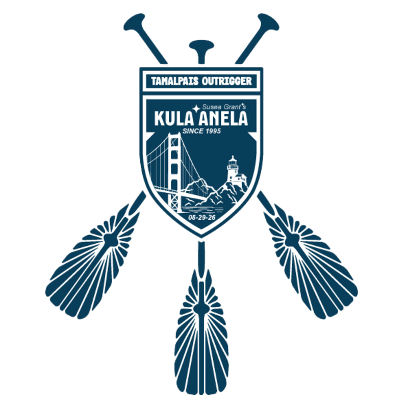 Three outrigger canoe paddles are crossed behind a shield featuring the Golden Gate Bridge and a lighthouse, all in a dark blue silhouette against a white background.