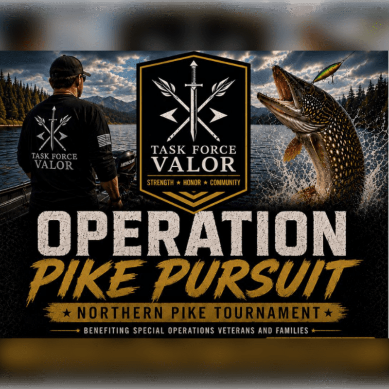 A man in the foreground on a boat watches a large pike jump out of the water in the background, with a tournament logo above.