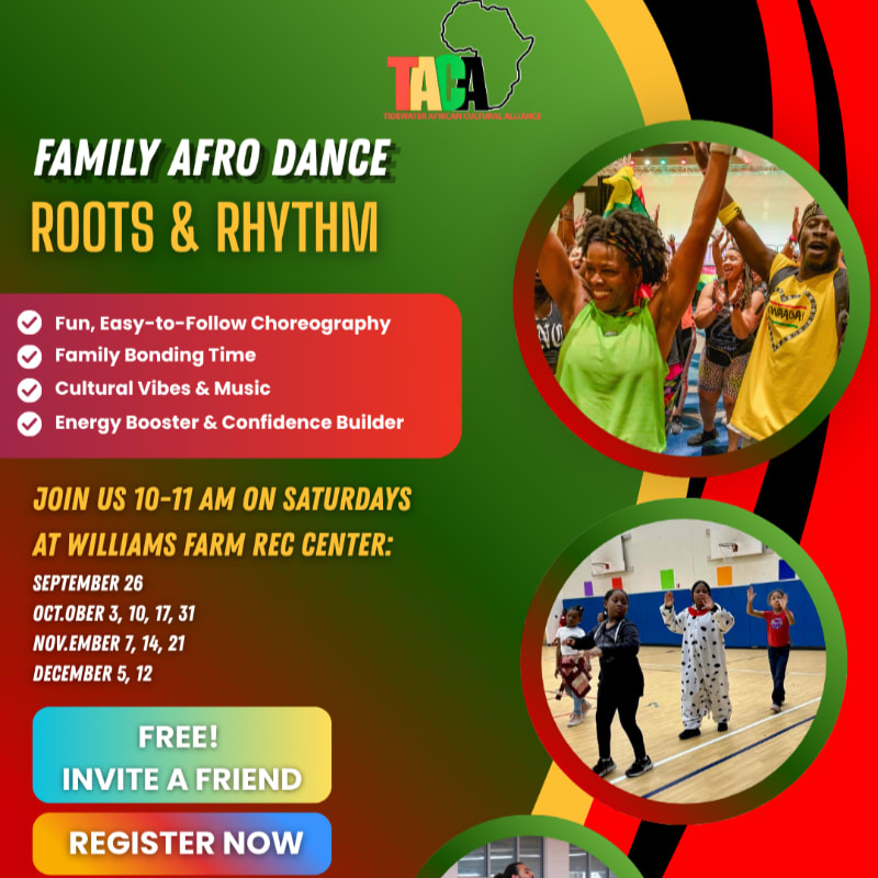 A vibrant flyer advertises a "Family Afro Dance: Roots & Rhythm" event with images of joyful dancers in the foreground and a green and red background.
