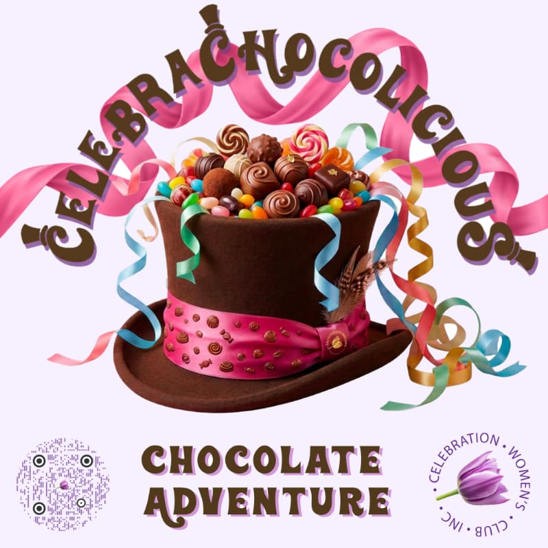 A brown top hat overflowing with chocolates and candies sits in the foreground against a light purple background, adorned with colorful streamers and a ribbon that spells out "CELEBRACCHOCOLICIOUS."
