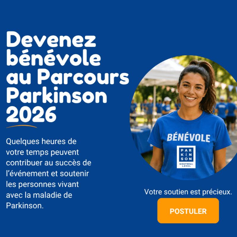 A stylized illustration of people walking with a dog in the foreground is set against a blue background with text about Parkinson's disease.