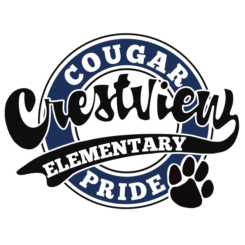 A black cougar paw print is in the foreground, with a circular logo featuring "Cougar Crestview Elementary Pride" in blue and white text in the background.