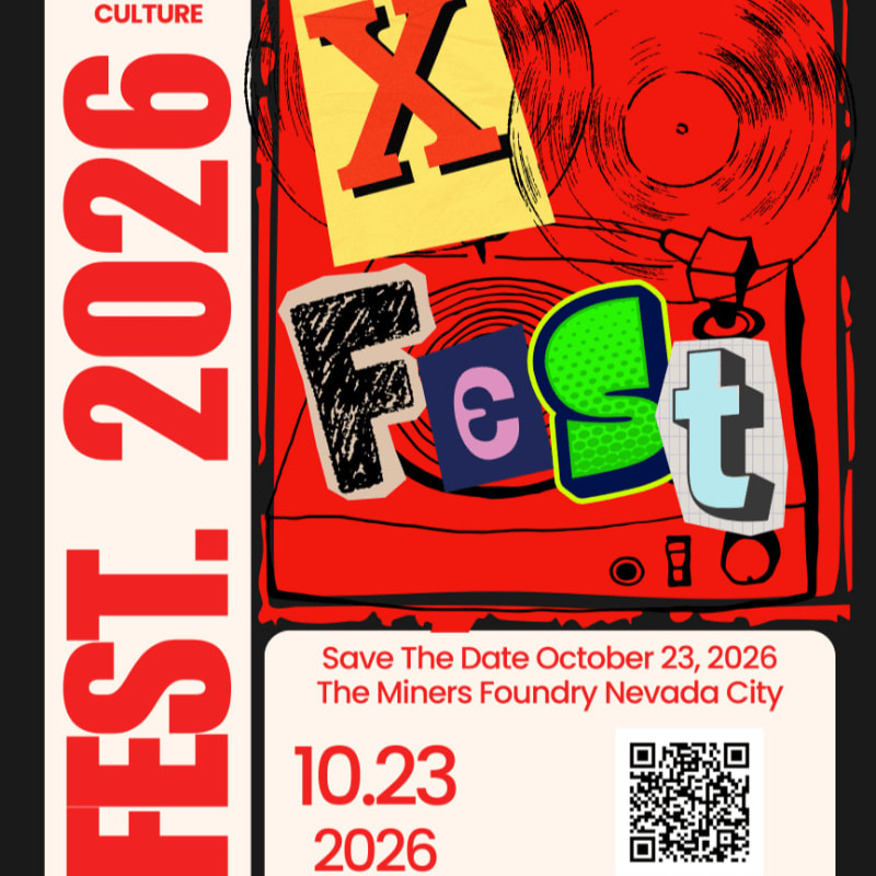 A vibrant red background with a stylized record player and the word "FEST. 2026" in bold lettering on the left, and event details with a QR code at the bottom.