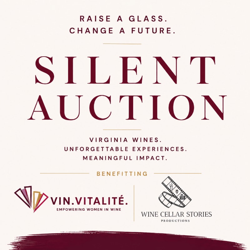 A silent auction for Virginia wines is advertised with the tagline "Raise a glass. Change a future." in the foreground, while the background features a textured, light-colored surface with a dark red brushstroke at the bottom.