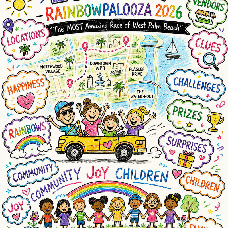 A cheerful yellow car filled with happy children drives across a colorful map of West Palm Beach, with a diverse group of children holding hands in the foreground and various event-related icons surrounding them.