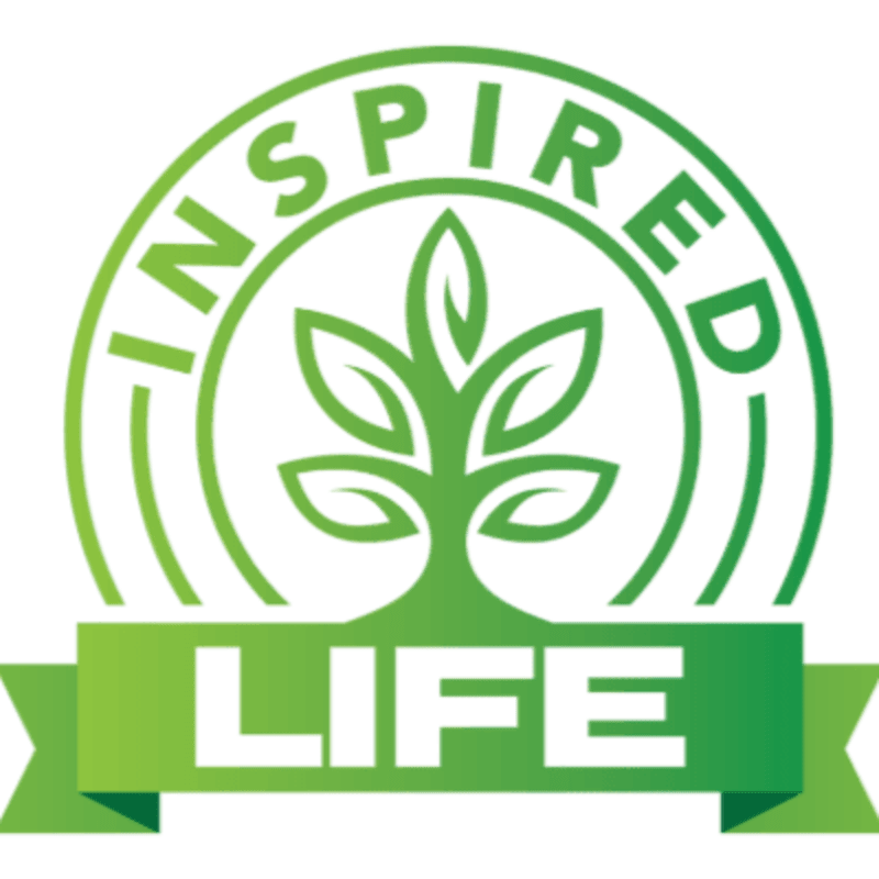 A green tree with leaves is centered within a circular emblem that reads "INSPIRED" around the top, with a green ribbon below displaying the word "LIFE" in white text.