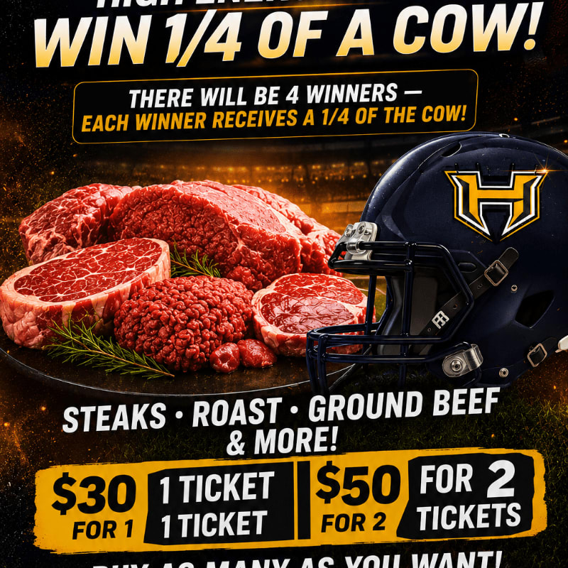 A football helmet sits beside a platter of raw steaks and ground beef, with a stadium crowd blurred in the background.