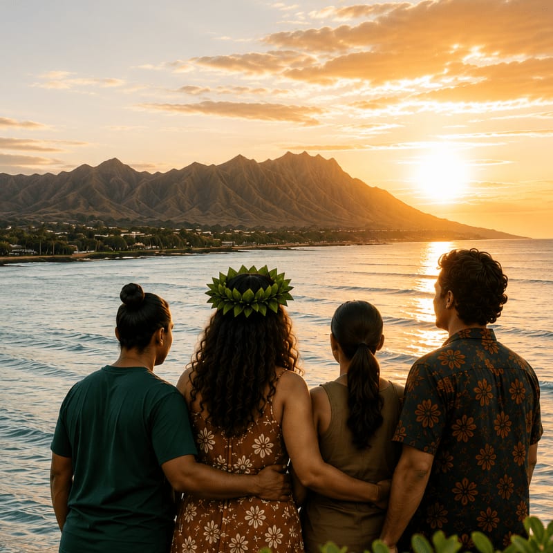Four people embrace while watching a vibrant sunset over a calm ocean with a majestic mountain range in the distance.