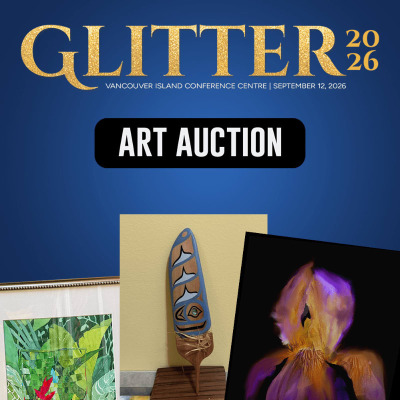 A vibrant art auction poster with a framed watercolor and a carved wooden piece in the foreground, set against a dark blue background with "GLITTER 2026" and "ART AUCTION" text.