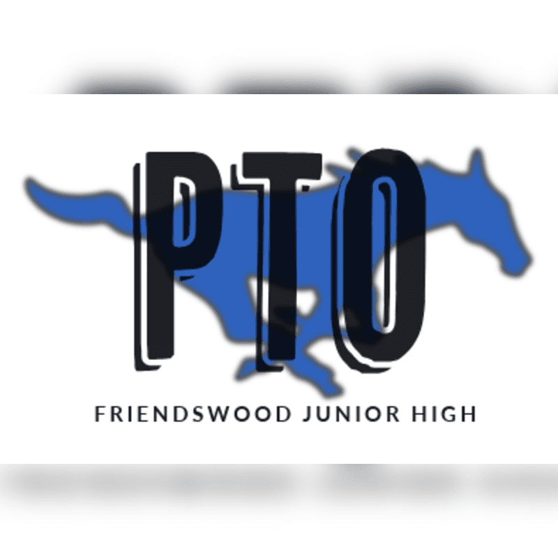 A blue silhouette of a running horse is behind the bold, black and white letters "PTO" with "FRIENDSWOOD JUNIOR HIGH" written below it.