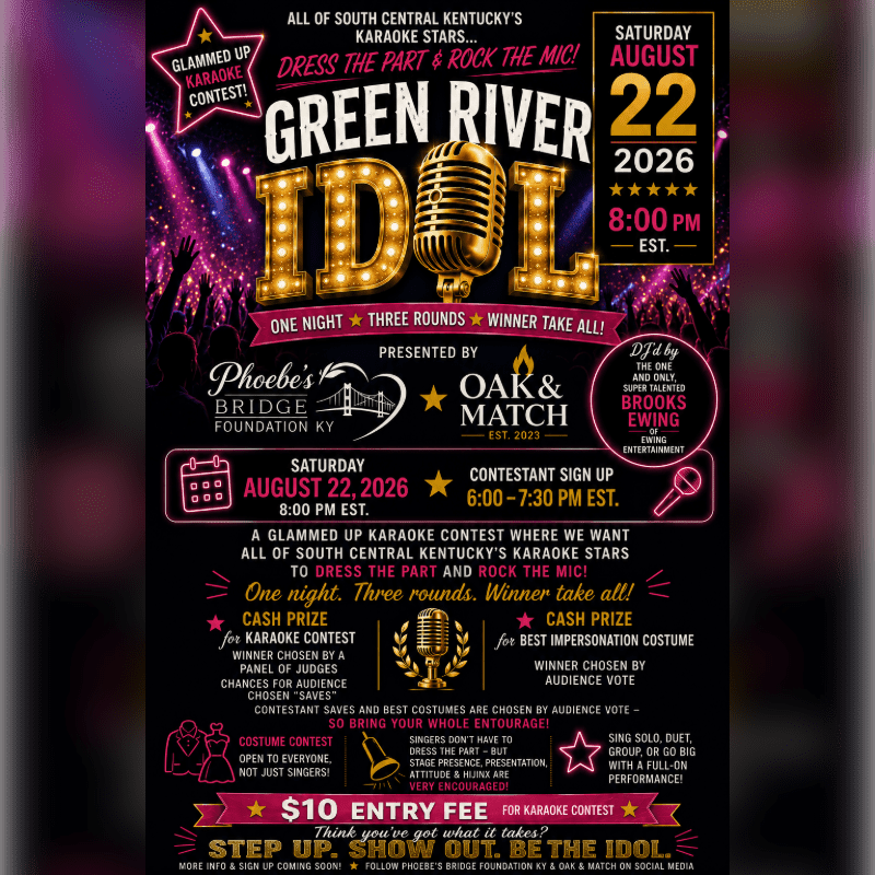 A vibrant poster for the "Green River Idol" karaoke contest features a spotlighted microphone in the foreground against a background of sparkling lights and cheering crowds.