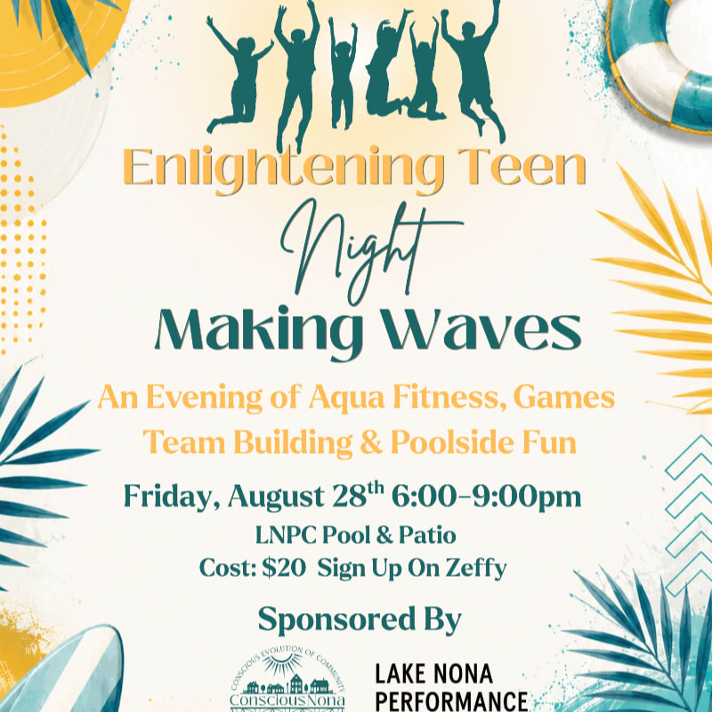 Silhouettes of cheering teens jump in the foreground against a background of tropical leaves and pool-themed graphics advertising "Enlightening Teen Night: Making Waves."
