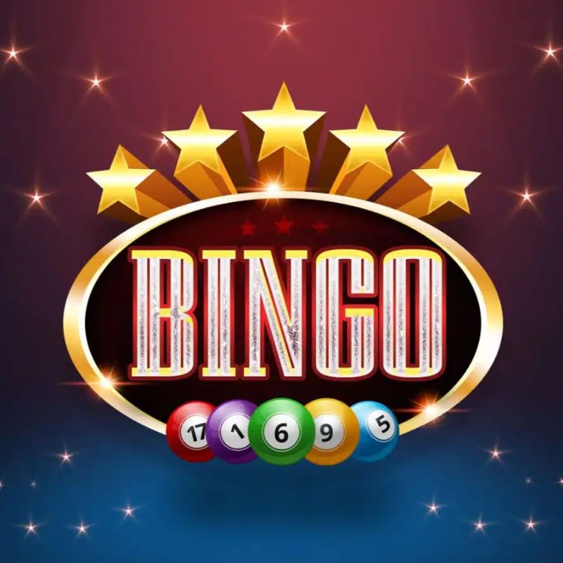 Golden stars and the word "BINGO" are prominently displayed above colorful bingo balls in the foreground, set against a dark, star-speckled background.