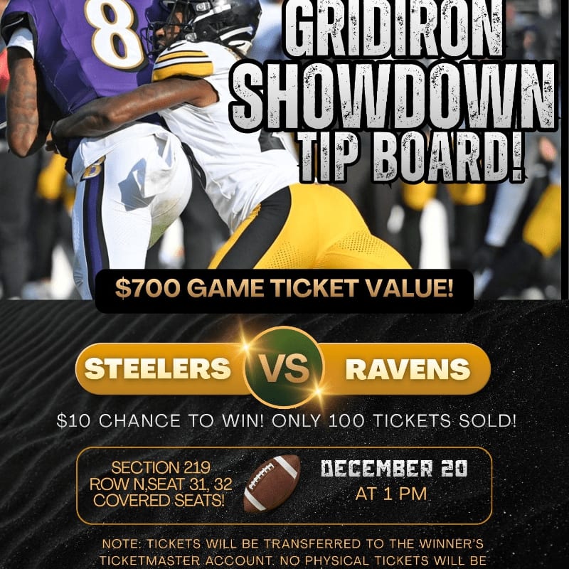 Two football players in uniform are in the foreground, with a "Gridiron Showdown Tip Board" graphic and game details in the background.