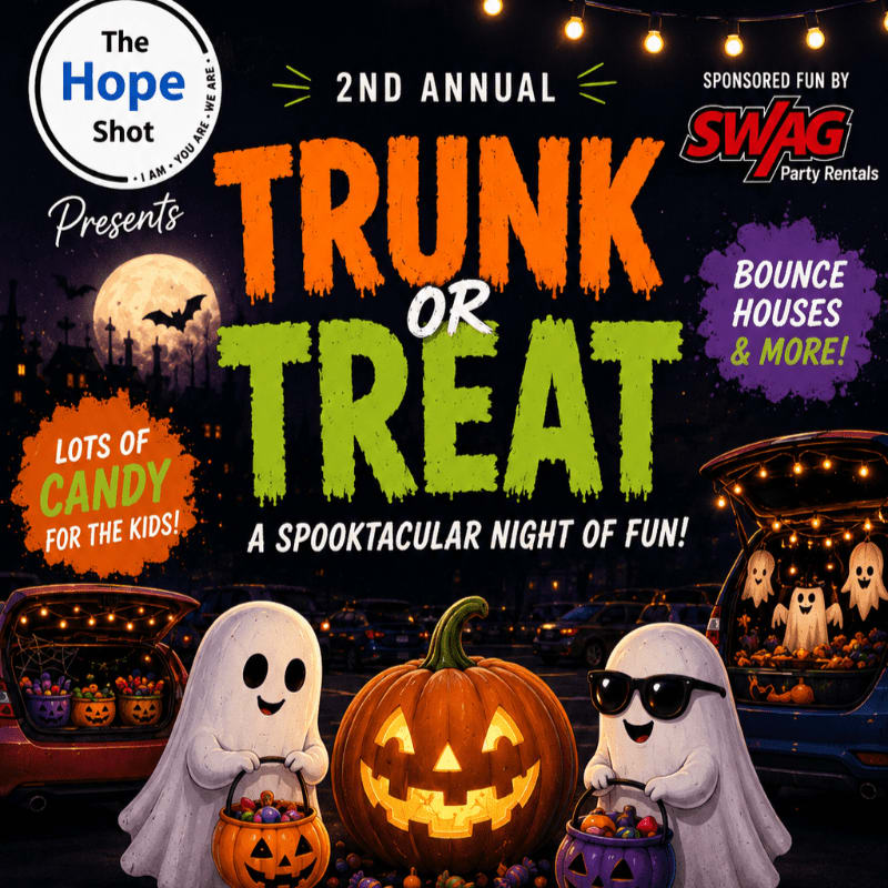 Two costumed ghosts hold candy buckets in front of a jack-o'-lantern and decorated car trunks, with a spooky night sky and event title in the background.