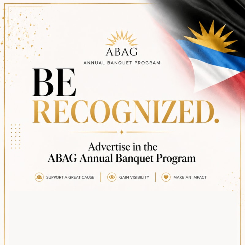A stylized flag of Antigua and Barbuda is in the background, while the foreground features bold text advertising the ABAG Annual Banquet Program.