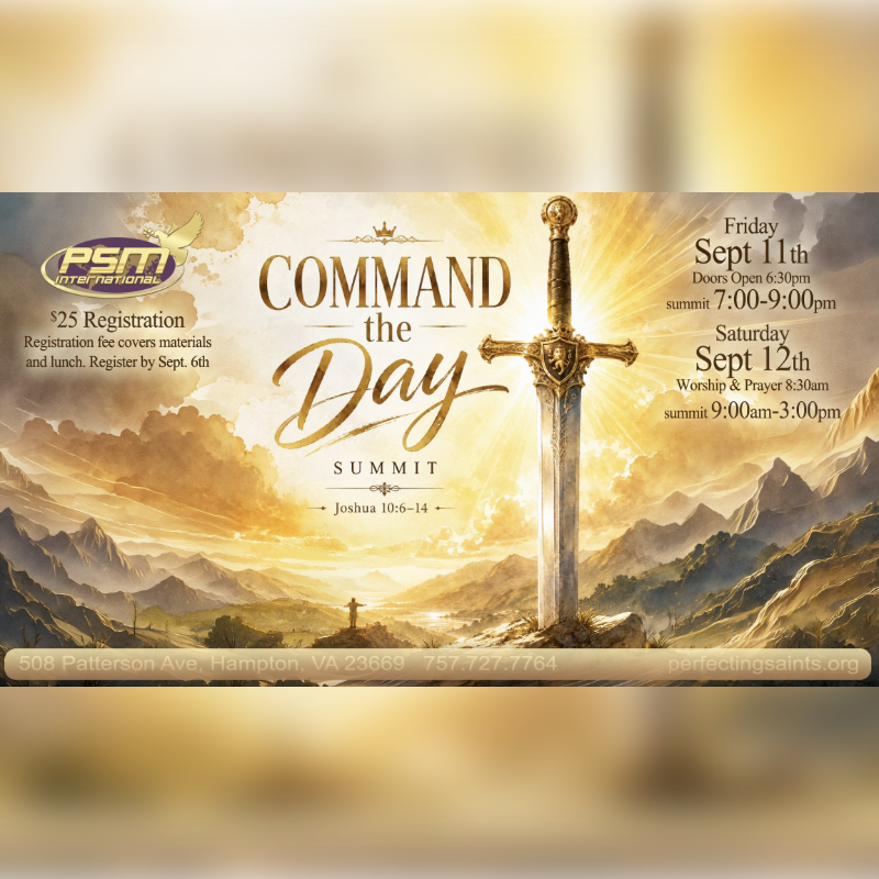 A golden sword stands upright in a mountainous landscape with a bright sunburst behind it, advertising a "Command the Day Summit" event.
