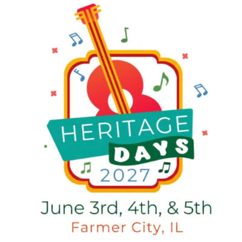A stylized guitar and musical notes are in the foreground, with event details for "Heritage Days 2027" in Farmer City, IL, in the background.