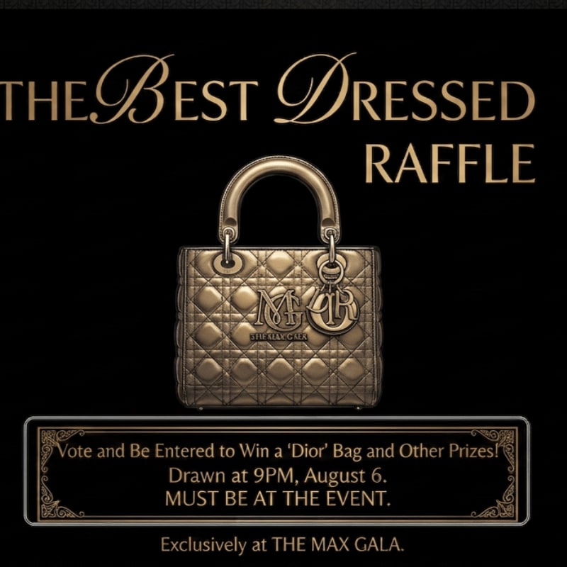 A metallic Dior handbag is featured in the foreground against a black background with raffle details below.