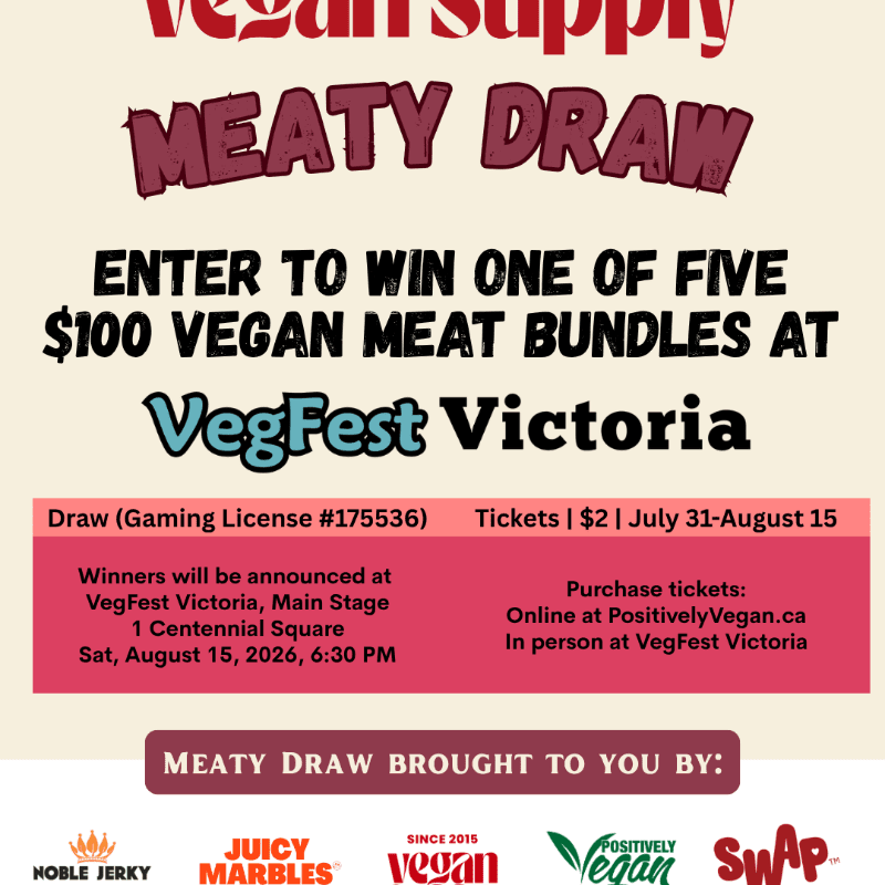 A pink and cream-colored flyer advertises a "Meaty Draw" for vegan meat bundles at VegFest Victoria, with logos of sponsors at the bottom.