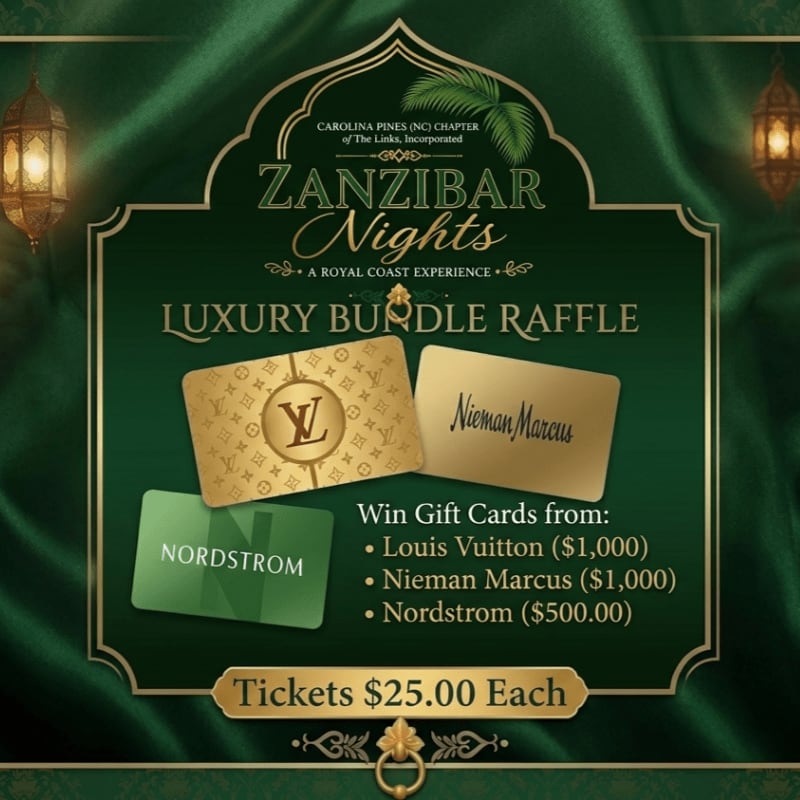 Three gift cards for Louis Vuitton, Neiman Marcus, and Nordstrom are displayed in the foreground against a dark green, draped background with ornate lanterns.