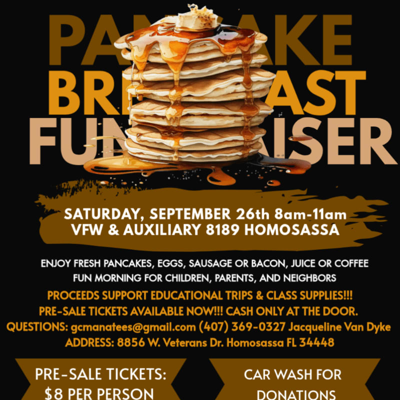 A stack of syrup-drenched pancakes with butter sits in the foreground, advertising a pancake breakfast fundraiser with event details in the background.