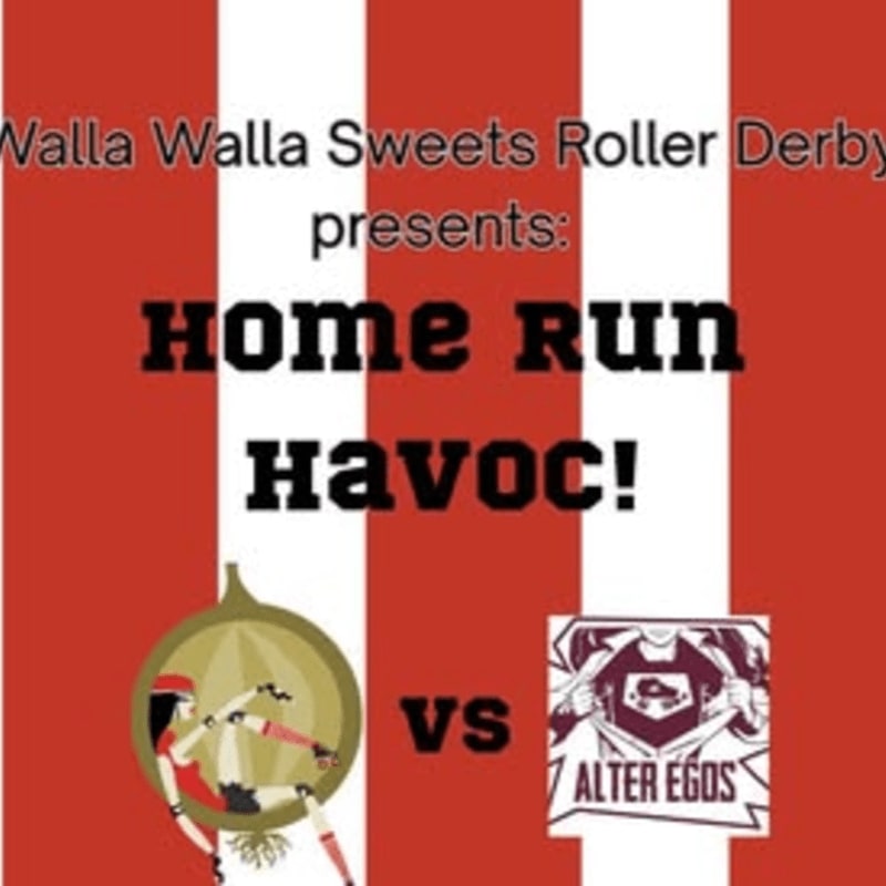 A roller derby poster with a stylized onion and a team logo in the foreground against a red and white striped background.