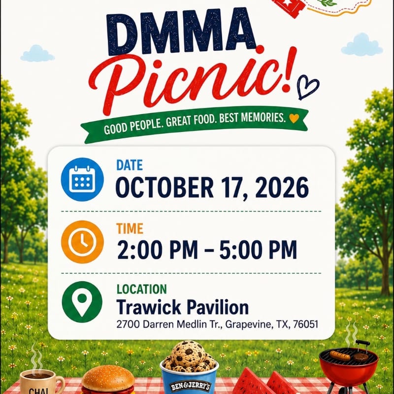 A picnic invitation with food and drinks in the foreground is set against a backdrop of trees and a grassy field.
