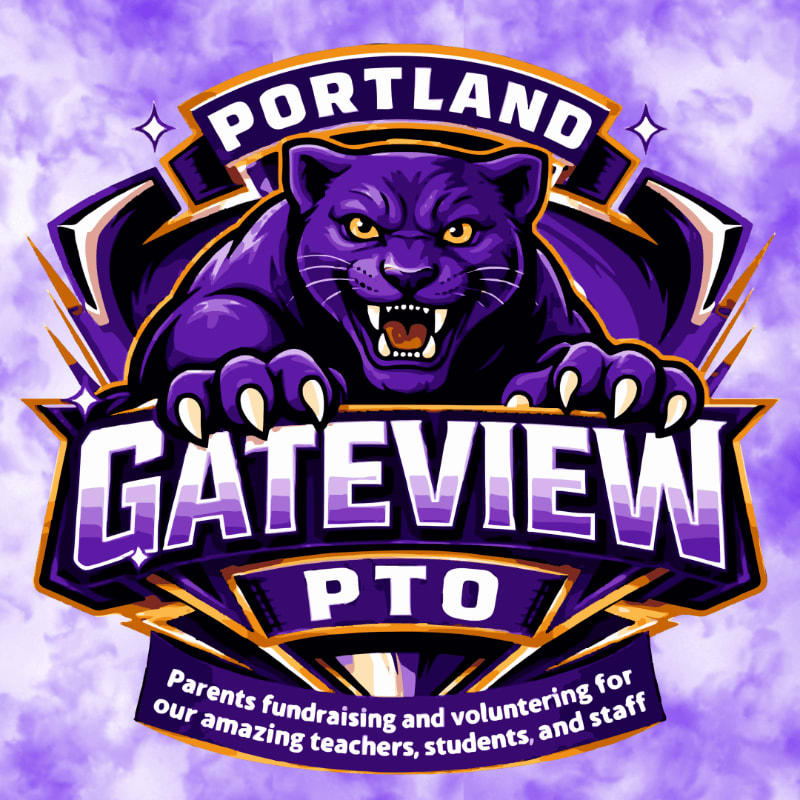 A fierce purple panther lunges forward over the "GATEVIEW PTO" logo, set against a cloudy purple background.