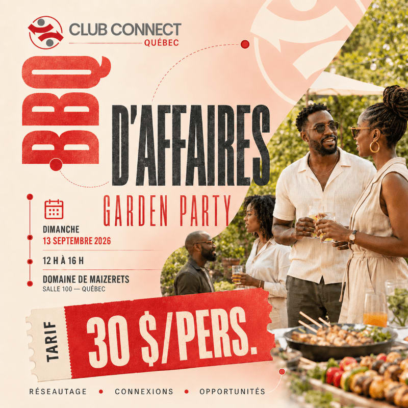 A couple smiles at each other in the foreground of a garden party flyer, with text detailing a business BBQ event in the background.