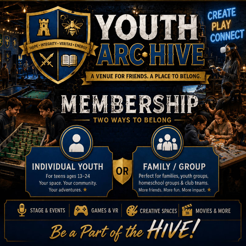 In the foreground, two membership options are presented with icons and descriptions, while the background features a vibrant, energetic youth center with people engaged in various activities.