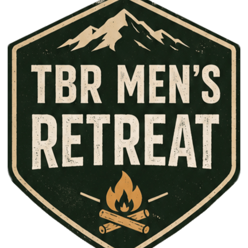 A hexagonal badge features a campfire in the foreground and snow-capped mountains in the background, with the text "TBR MEN'S RETREAT" prominently displayed.