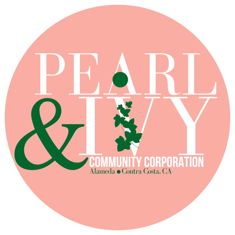 A green "&" symbol and ivy vine are in the foreground against a pink circular background with white text that reads "PEARL & IVY COMMUNITY CORPORATION Alameda Contra Costa, CA".
