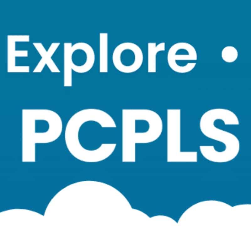 White text reading "Explore" and "PCPLS" with a small white dot are superimposed on a gradient blue background with fluffy white clouds at the bottom.