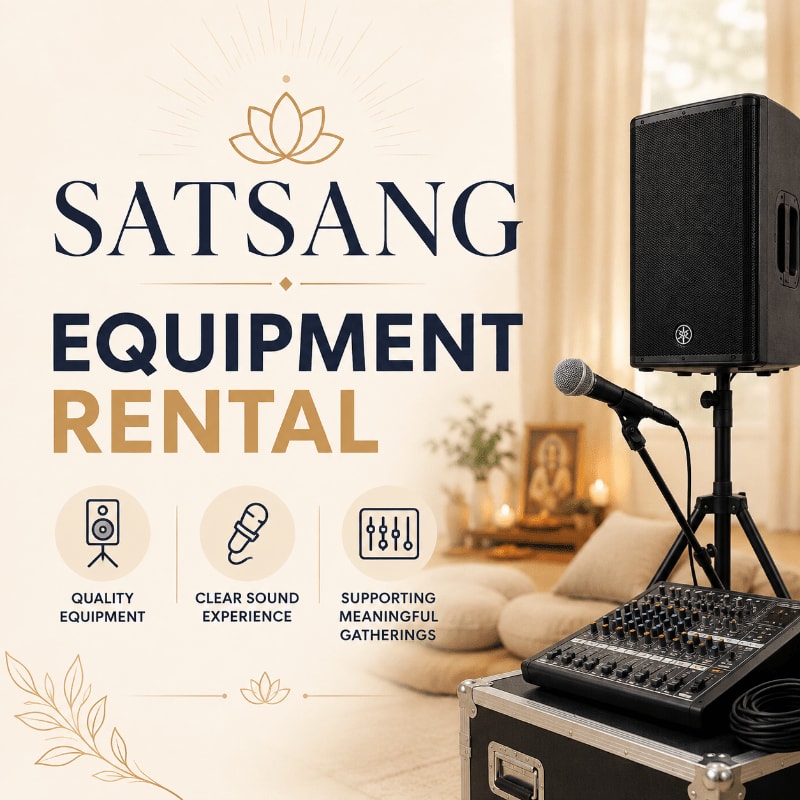 In the foreground, a sound mixer and microphone sit atop a black case, while in the background, a speaker stands on a tripod next to a cozy seating area with decorative elements.