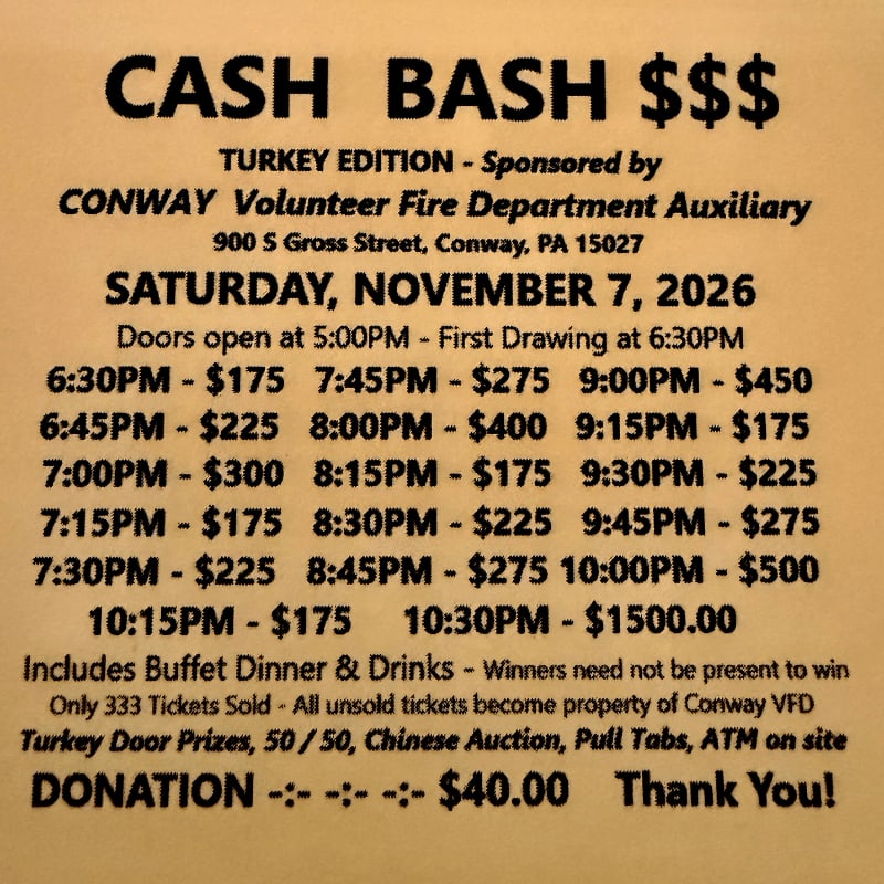 A flyer for a "Cash Bash" event sponsored by the Conway Volunteer Fire Department Auxiliary is displayed with event details and donation information in the foreground, against a textured, light brown background.