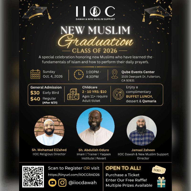 Confetti and graduation caps adorn the top of a flyer announcing a New Muslim Graduation for the Class of 2026, featuring event details and speakers.