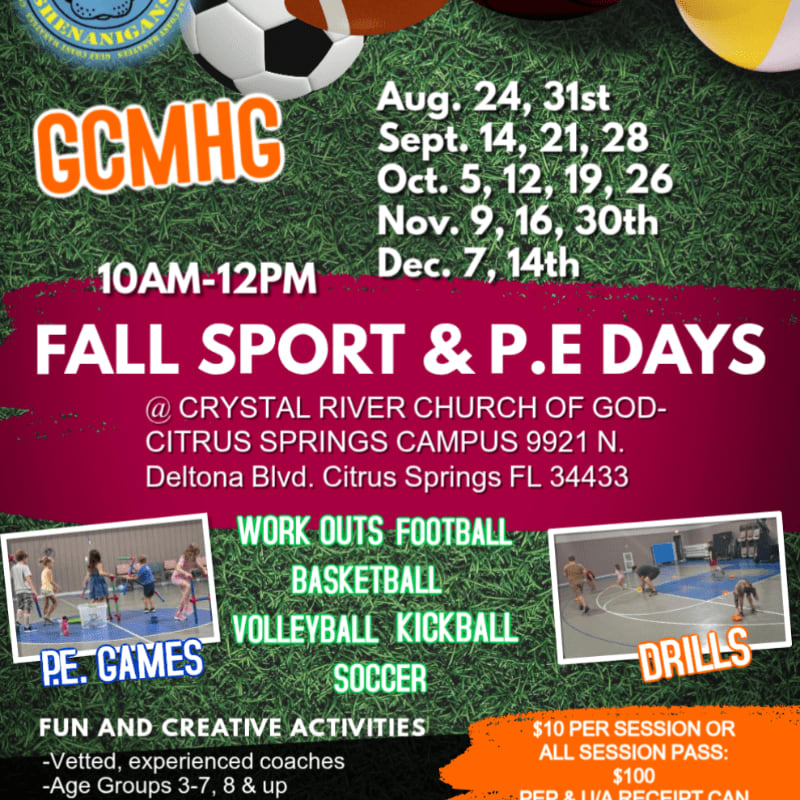 A flyer advertises "Fall Sport & P.E. Days" with images of children playing sports in the foreground and a grassy background.
