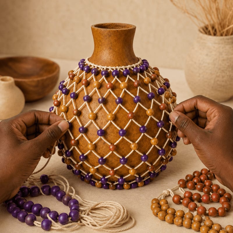 Hands are decorating a gourd with beads, with other beaded strings and pottery in the background.