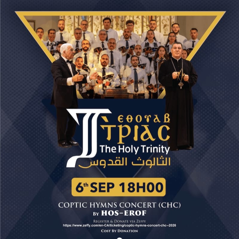 A choir of men in white robes and suits stand in the background, while two men in formal attire and religious vestments are in the foreground, with event details below.