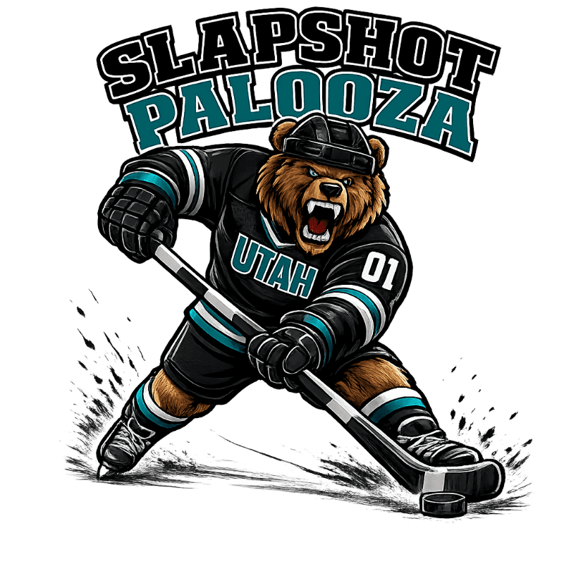 A fierce bear in a hockey uniform with "UTAH" on its jersey swings a stick at a puck, with "SLAPSHOT PALOOZA" emblazoned above.