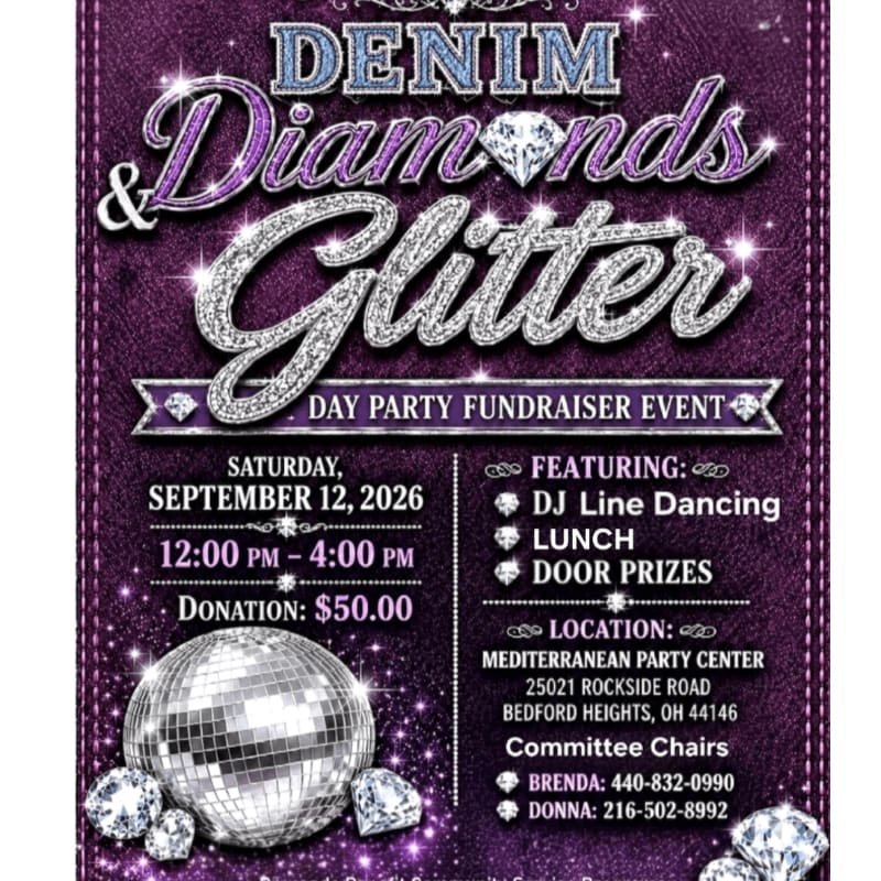 A disco ball and diamonds sparkle in the foreground against a textured purple background advertising a "Denim & Diamonds Glitter Day Party Fundraiser Event."
