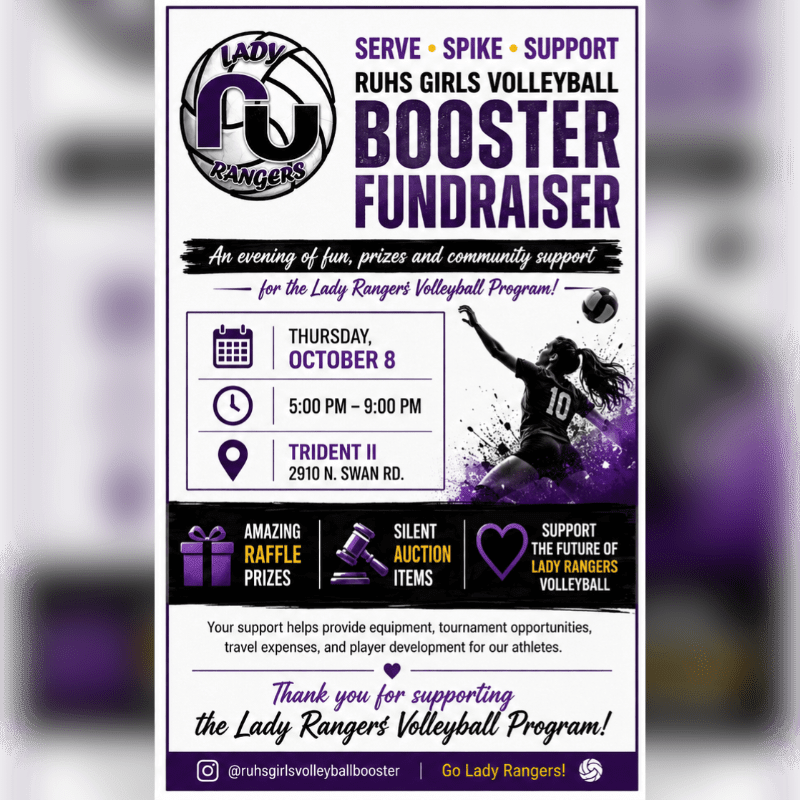 A volleyball poster advertises a booster fundraiser for the Lady Rangers Volleyball Program, featuring event details and a silhouette of a player in action against a purple background.