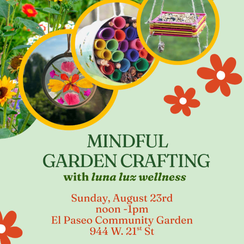 Bright flowers and crafting projects are featured in the foreground, with a garden and text about a mindful crafting event in the background.