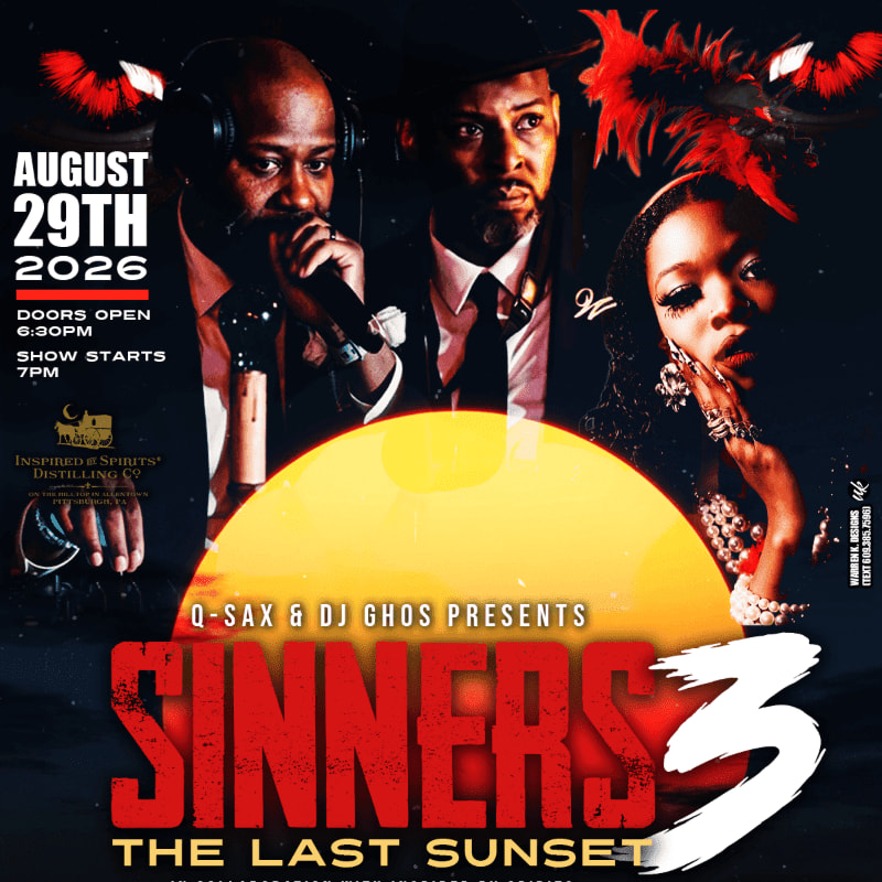 Three individuals are featured in the foreground against a vibrant sunset background, with event details for "Sinners 3: The Last Sunset" prominently displayed.