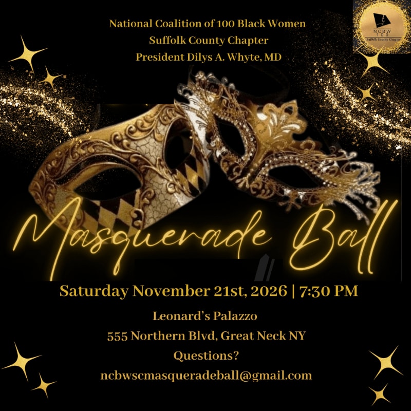 A golden masquerade mask rests in the foreground against a black background adorned with sparkling stars and event details for the National Coalition of 100 Black Women's Masquerade Ball.