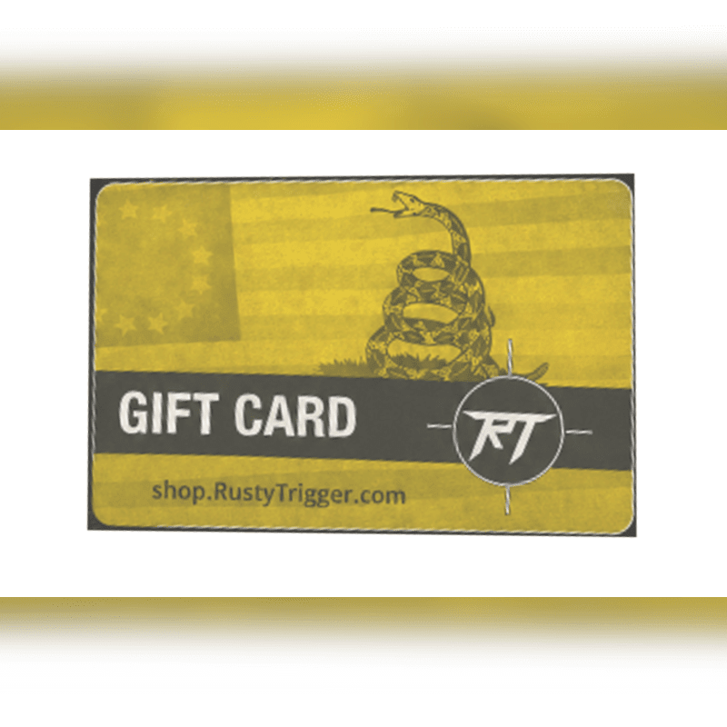 A yellow gift card with a coiled rattlesnake and the words "GIFT CARD" is displayed against a blurred white background.