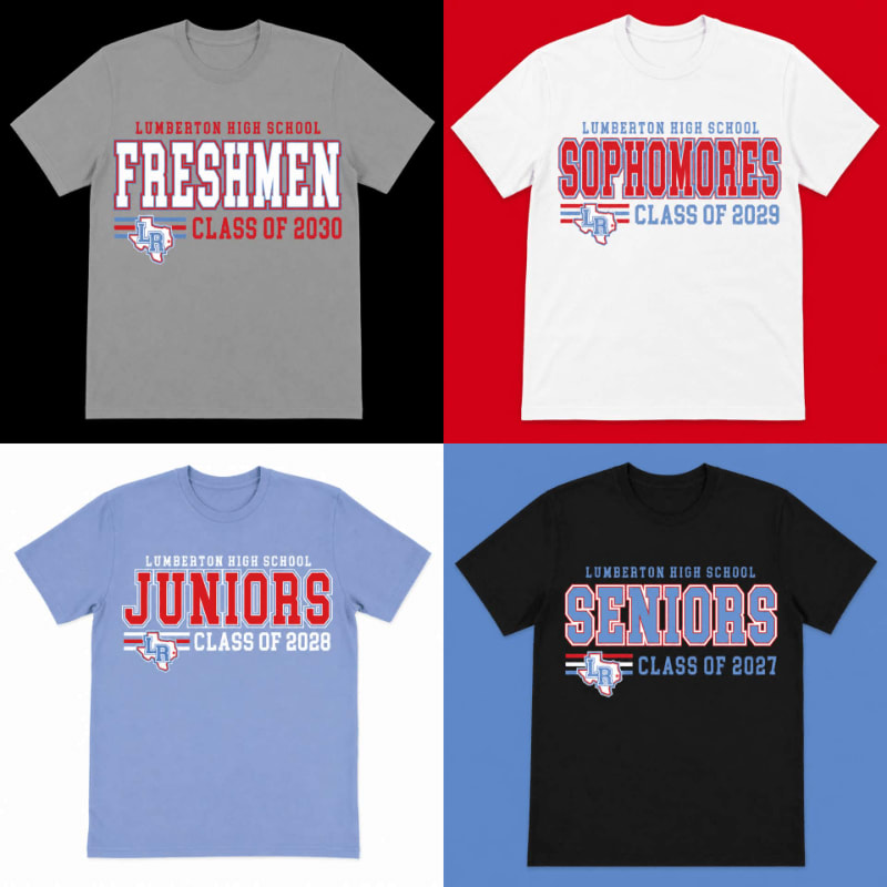 Four t-shirts, each representing a different grade level at Lumberton High School, are displayed against solid colored backgrounds.