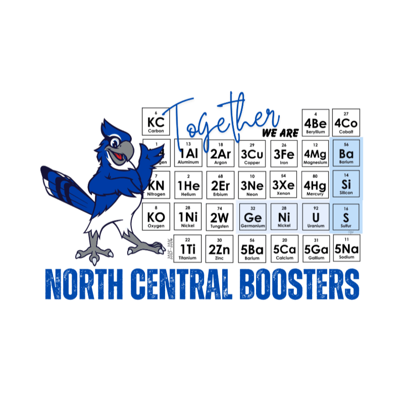 A blue jay mascot stands next to a periodic table with "Together WE ARE" written above it, all on a white background with "NORTH CENTRAL BOOSTERS" below.